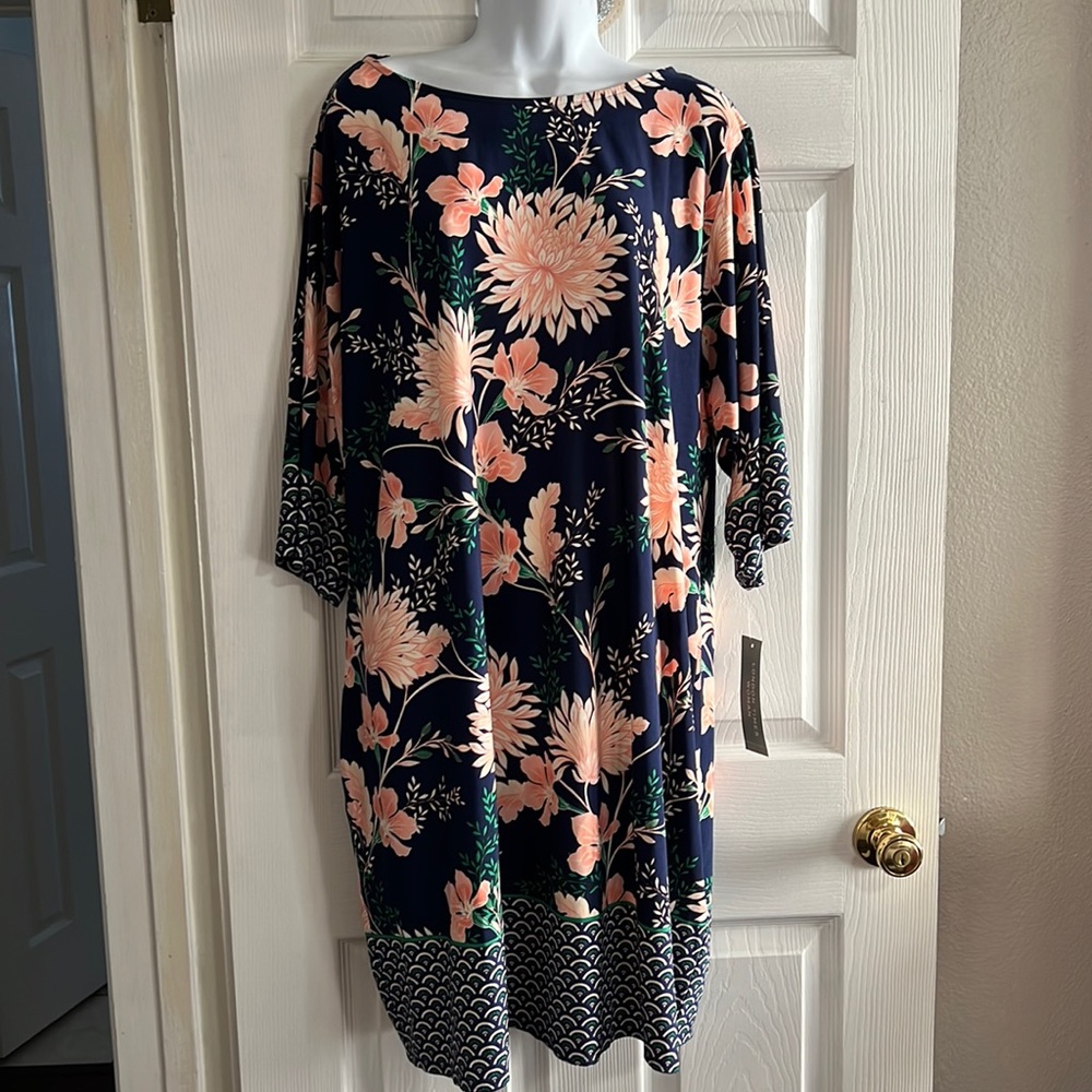 London Times Plua Size Blue/Blush Floral Dress